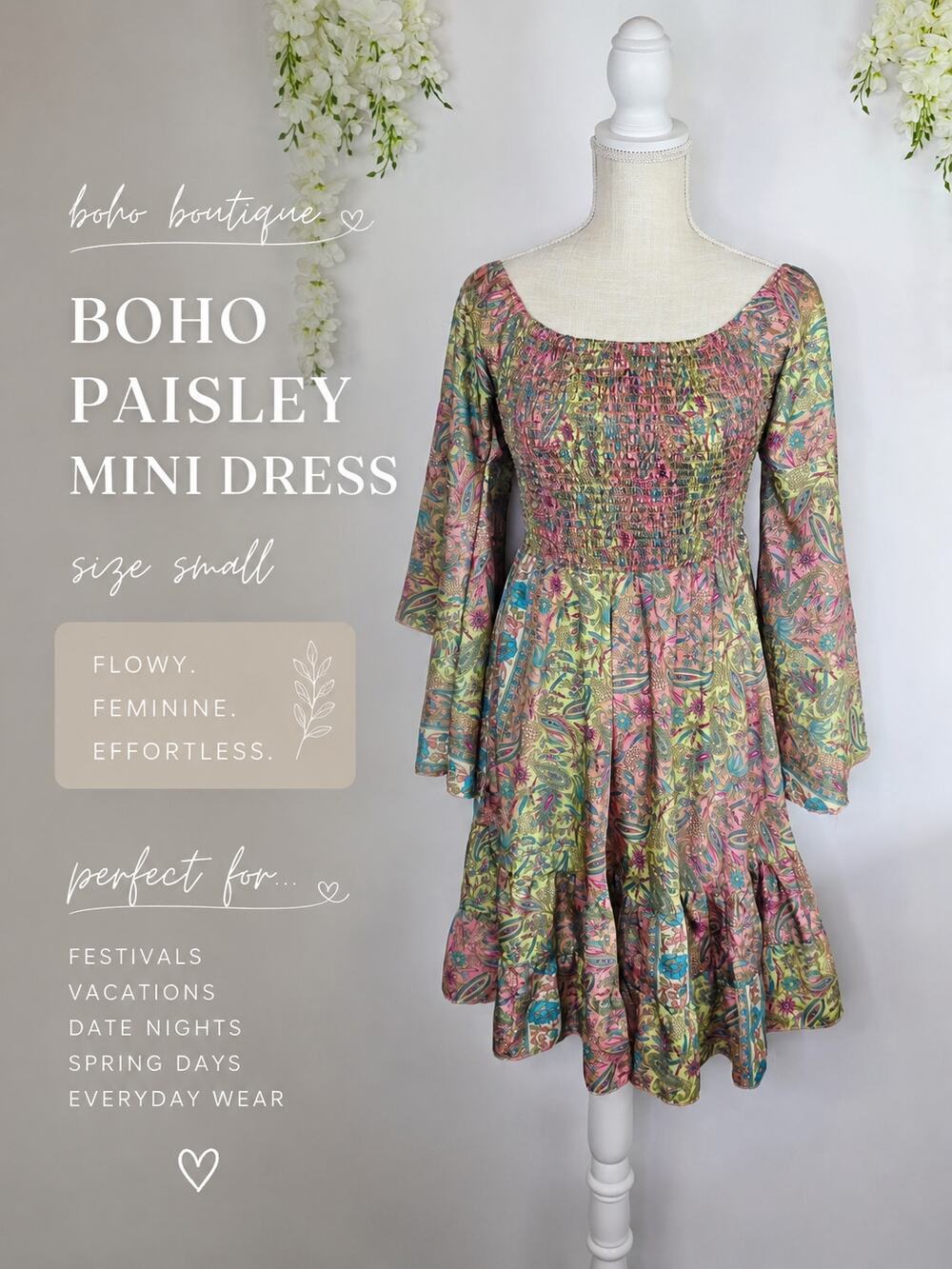 Boho Paisley Fairy Dress Small Pink Yellow Smocked Bell Sleeve Cottage Hippie